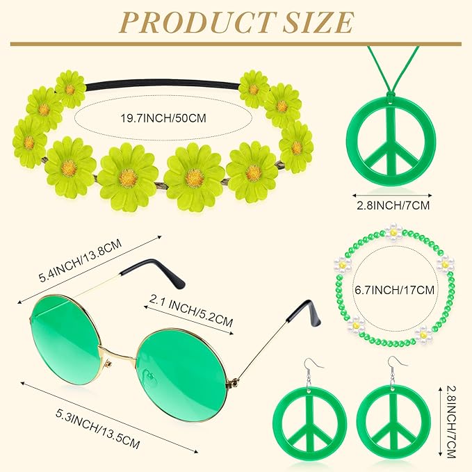 Batiyeer 6 Pcs Hippie Costume Accessories Set, Boho Peace Sign Daisy Flower 60s 70s Party Favors Decor for Groovy Party Women(Green)