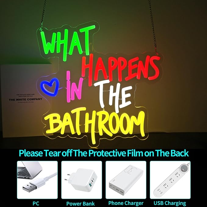 Neon Sign - HSJNJKFU What Happens in the Bathroom Neon Signs for Wall Decor Led Light Sign for Man Cave Bathroom Room Home Beer Bar Sign - USB Powered