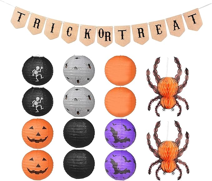 Mudra Crafts Hanging Spider Bat Skeleton Pumpkin Paper Lanterns Outdoor Indoor Jack-o’-Lantern Halloween Decorations Party Banner Set, Orange Black Purple 12-Inch Spooky Lamps