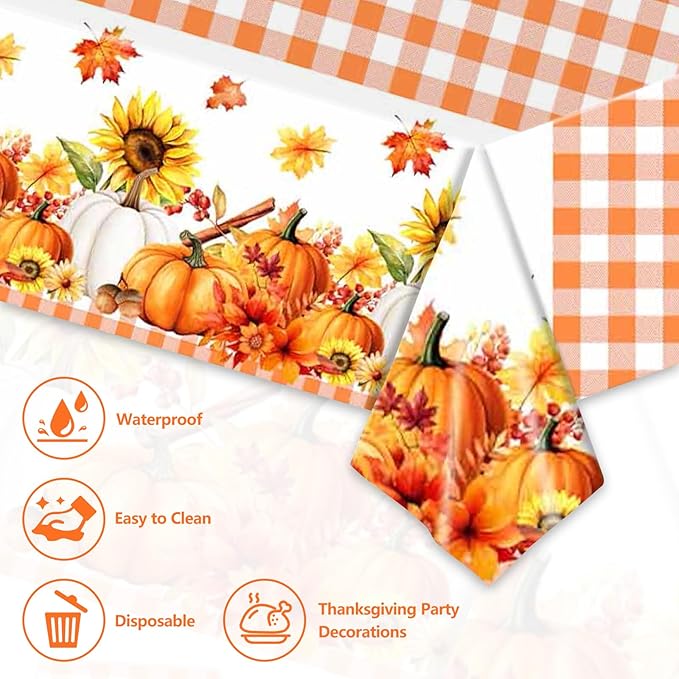 Fall Tablecloth, 2 Pack Thanksgiving Tablecloths Pumpkin Maple Leaves Plastic Table Cloth Disposable Rectangle Plaid Autumn Table Cover for Thanksgiving Day Party Decorations Tables Decor, 54x108 Inch