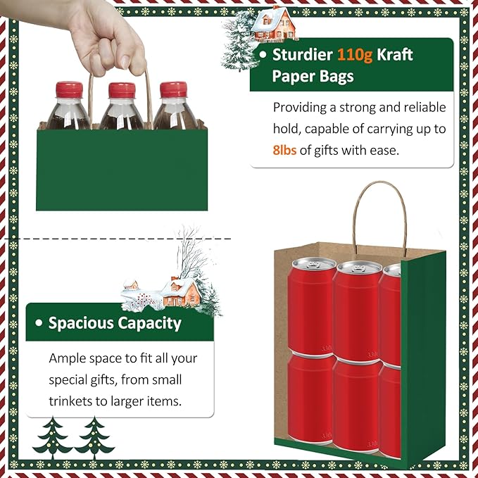 BagDream Forest Green Gift Bags with Handles 8x4.25x10.5 Inch 25Pcs Medium Kraft Paper Bags for Christmas, Thanksgiving, Craft, Party Favors, Retail, Grocery, Recyclable Paper Sacks