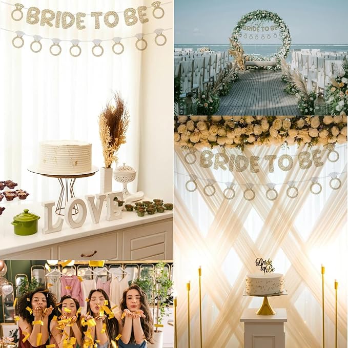 Bride to Be and Diamond Ring Banner Glitter for Bridal Shower Decorations Bachelorette Party Banner for Engagement Wedding Party Decorations(Champagne Gold)