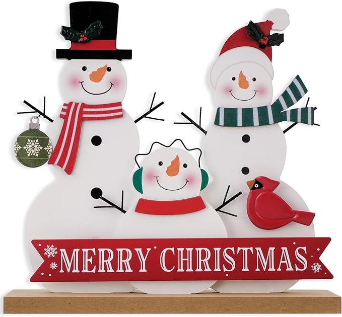Christmas Decorations for Home Farmhouse Merry Christmas Decor Indoor Wooden Snowman Sign Snowmen Family Rustic Winter Vintage Holiday Block Tabletop for Kitchen Xmas Party Mantel Tiered Tray Gift
