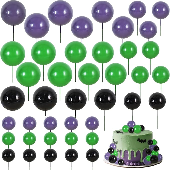BEISHIDA 40 Pcs Foam Ball Cake Toppers with Sticks Mini Cake Decorations for Birthdays, Baby Showers, Halloween Cake Toppers, Video Game Birthday Party Cake Decorations(Black,Green, Purple)