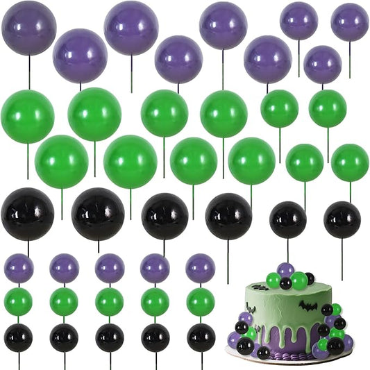 BEISHIDA 40 Pcs Foam Ball Cake Toppers with Sticks Mini Cake Decorations for Birthdays, Baby Showers, Halloween Cake Toppers, Video Game Birthday Party Cake Decorations(Black,Green, Purple)