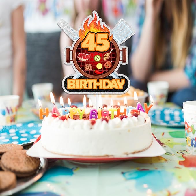 Barbecue Cake Topper 45th Birthday Happy BBQ Sausage Decorations for Men and Women Birthday Party, Summer Outdoor Picnic Party, Anniversary Friends Family Event Gathering Cooking Grill Decoration