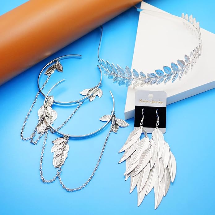 RechicGu 4 Pieces Grecian Goddess Leaf Laurel Costume Accessories Set Roman Toga Party Headband Upper Arm cuff Bracelet Band Earrings Jewelry Women Golden
