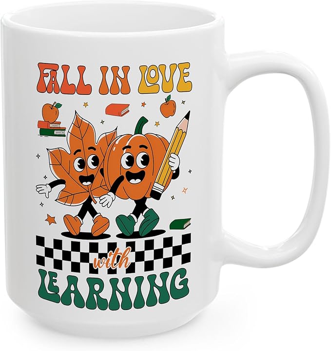 Fall In Love With Learning Thanksgiving White Mugs, 11oz 15oz Drinking Cups, Autumn Seasonal Gifts