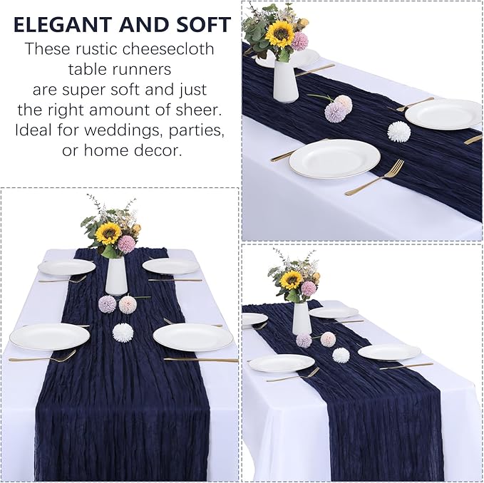6 Pack Navy Blue Cheesecloth Table Runner 10FT Boho Gauze Fabric Blue Cheese Cloth 35 x 120 Inch Rustic Sheer Table Runner for Wedding Decor Baby Shower Party Decoration