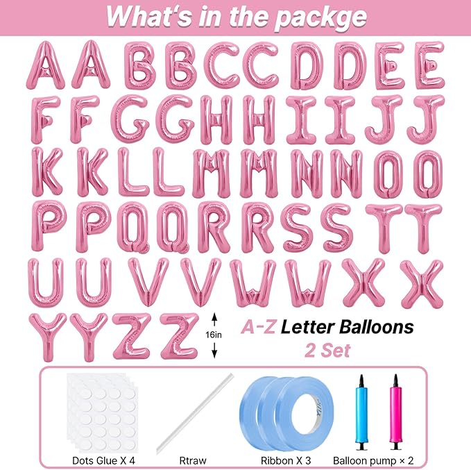 LIOZEOKUN Letter Balloons 16 Inch Alphabet A-Z Mylar Foil Balloons 2 Set for Wedding Birthday Party Decoration Banner Custom Phrase 52 Pcs
