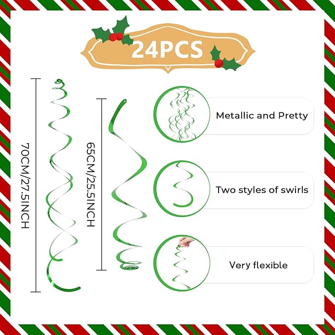 24 PCS Green Hanging Swirl, Sparkle Ceiling Hanging Decorations, Plastic Streamer Party Decorations with Double-Swirls and Single-Swirls for Birthday Decorations, Christmas，Graduation, Baby Shower