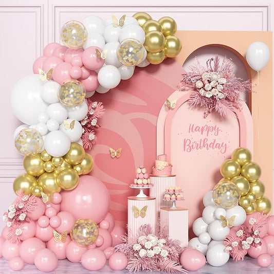 Pink and White Balloon Arch Kit -144Pcs Pink and Gold Balloon Garland Include 3D Butterflies Pink White and Gold Balloons for Wedding Bridal Shower Princess Party Girl Birthday Baby Shower Decorations