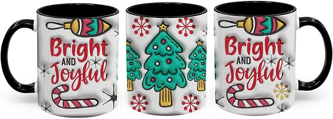 Bright And Joyful Christmas Inflated 3D Wrap Mugs, Two-Tone Accent Ceramic Coffee Drinking Cups, 11oz 15oz