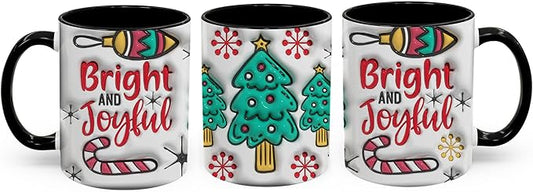 Bright And Joyful Christmas Inflated 3D Wrap Mugs, Two-Tone Accent Ceramic Coffee Drinking Cups, 11oz 15oz