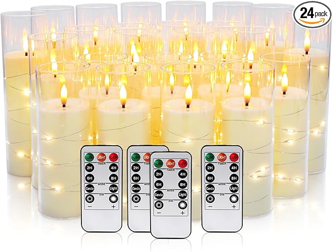 24 Pcs LED Flameless Candles with Remote, 3D Flickering Flame & LED String Lights, Acrylic Clear Cylinder, Timer Function, Romantic Ambience for Home Decor, Party, Wedding.