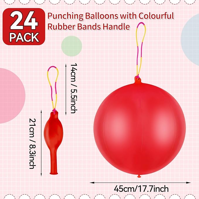 24 Pcs Red Punch Balloons Bounce with Rubber Band Handle Punching Balloon Heavy Duty for Birthday party favors, Kids (Red)