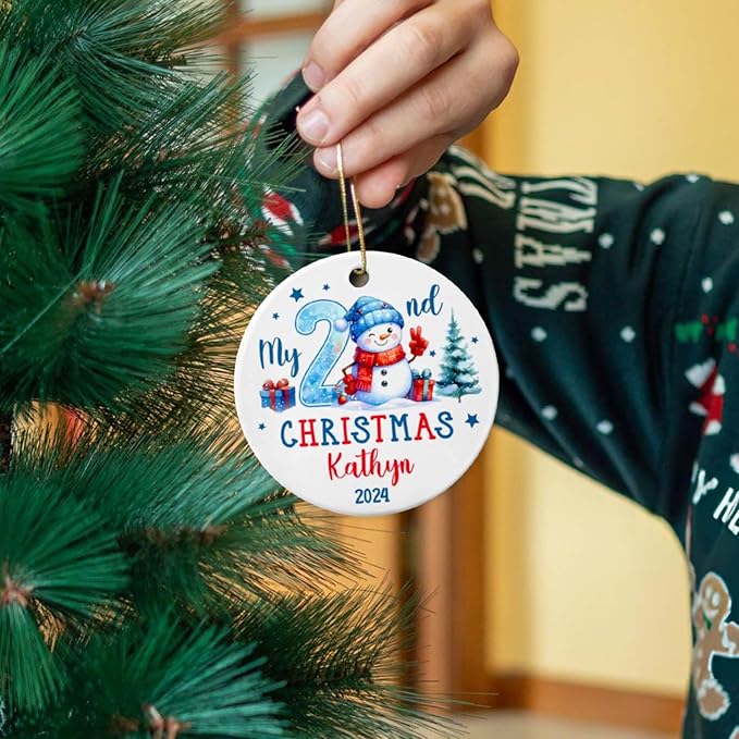 2025 Personalized Baby Second Christmas Ceramic Ornament, My 2nd Xmas Snowman Keepsake Gift for Son Daughter Grandkids, Custom Name & Year Xmas Tree Ornament for 2 Years Old Baby