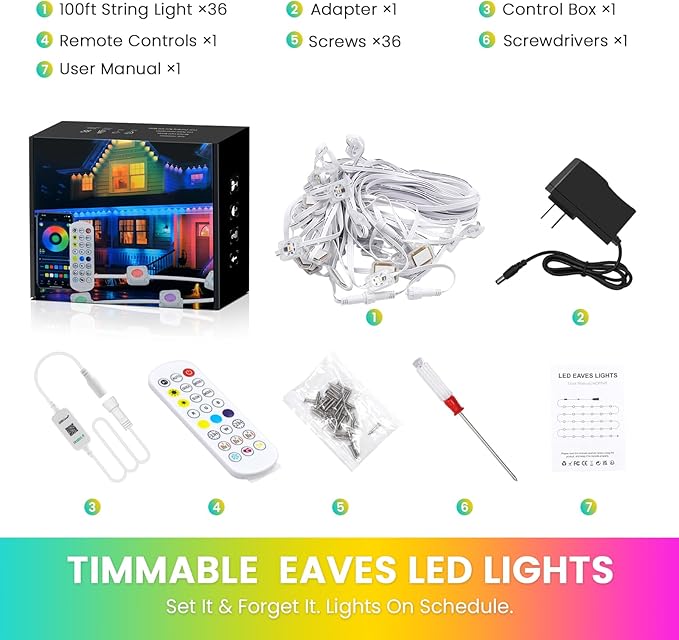Permanent Outdoor Lights for House, 100 FT RGBIC all year house lights outdoor with Splitter & Bluetooth Remote, DIY via App for Music Sync, IP67 Waterproof Expandable LED Lights for Eaves, Lanai.