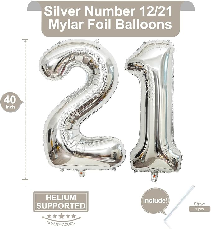 40 Inch Silver 21 Number Balloons Giant Jumbo Huge 12 or 21 Foil Mylar Helium Number Digital Balloons Silver Birthday Mylar Digital Balloons 12th 21st Birthday Anniversary Events Party Decorations