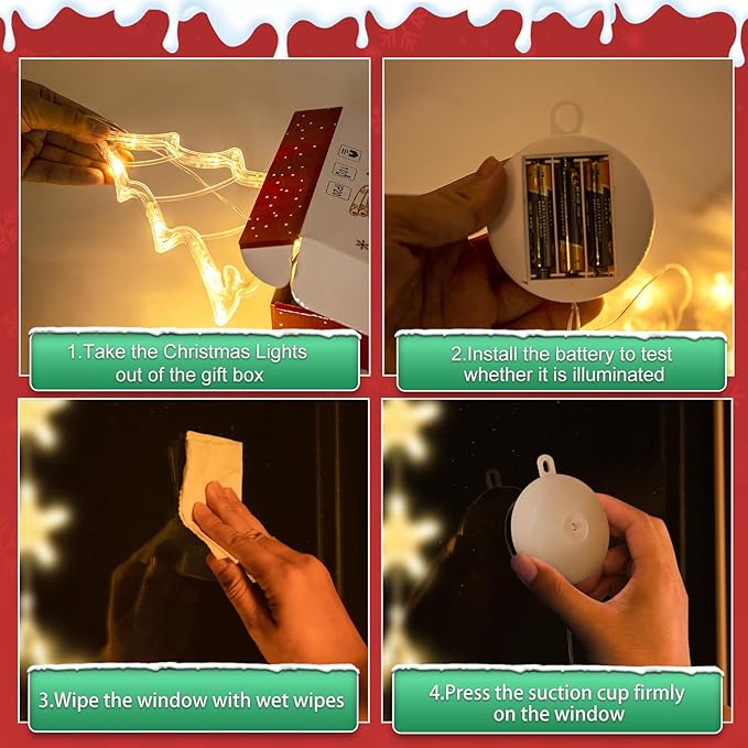 [Timer 3Pcs Christmas Window Lights Decorations,Battery Powered Christmas Hanging Warm White Lighted Tree Bell Star Shaped LED Sucker for Xmas Tree Fireplace Indoor Outdoor Decor