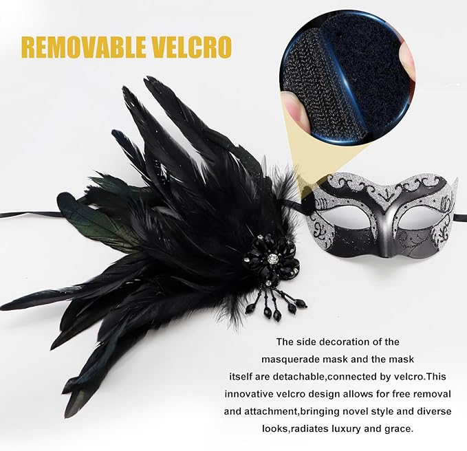 Masquerade Mask for Women Shiny Venetian Mask for Halloween Mardi Gras Costume Party Ball with Feather flower dec.