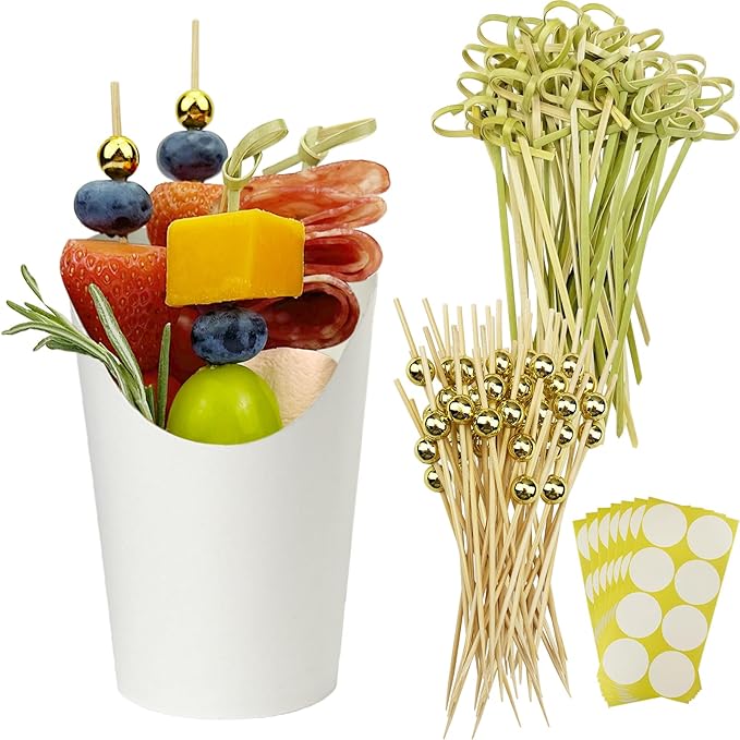 CAMKYDE 50 Charcuterie Cups + 200 Cocktail Picks + 56 Labels, 12 oz Disposable Charcuterie Cups with Sticks (2 Types), French Fry Cup White Paper Appetizer Cup for all Occasions（White）