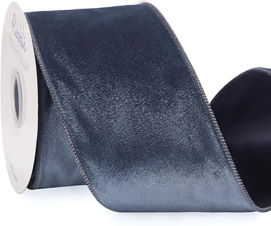 Ribbli Dusty Blue Velvet Wired Ribbon 4 Inch Velvet with Satin Christmas Ribbon for Gift Wrapping Christmas Tree Decoration Crafts Wreaths Supplies-Continuous 10 Yards
