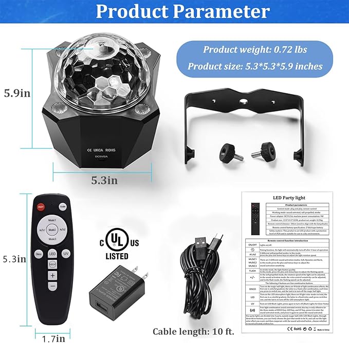 Disco Ball Light DJ Party Light，Sound Activated 6 Colors Stage Strobe Party Decorations for Outdoors and Indoors Home Club Karaoke Christmas Halloween Birthday Wedding Dancing Mood Lights