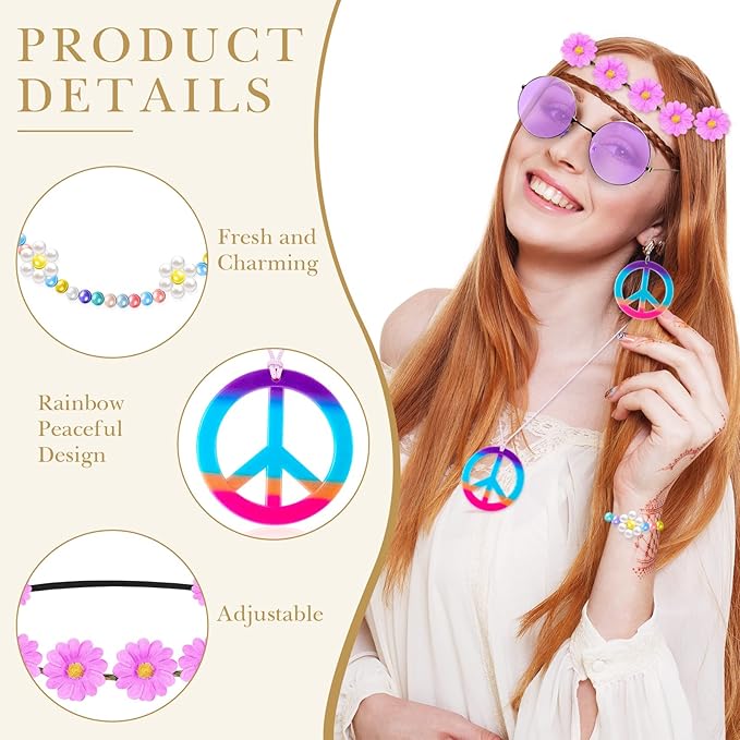 Batiyeer 6 Pcs Hippie Costume Accessories Set, Boho Peace Sign Daisy Flower 60s 70s Party Favors Decor for Groovy Party Women(Purple)