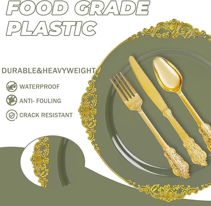 125PCS Olive Green Plastic Plates - Green and Gold Disposable Plates - Vintage Plate with Gold Plastic Silverware Sets for 25 Guests for Christmas & Party