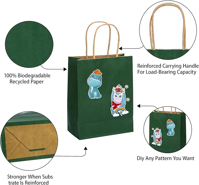 MOZRRO Gift Bags, 100 Pack 10.5x8.5x4.5 Inch, Paper Bags with Handles, Medium Size, Forest Green Gift Bag for Birthday, Wedding, Bulk, Party, Lunch, Goodie
