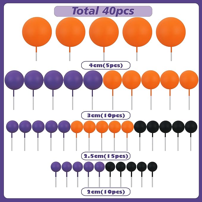 BEISHIDA 40 Pcs Foam Ball Halloween Cake Toppers with Sticks Mini Cake Decorations for Birthdays, Weddings, Baby Showers, Anniversary Party, Halloween Cake Decorations(Black, Orange, Purple)
