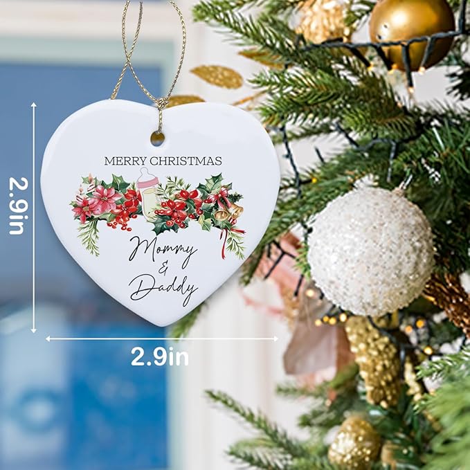 Christmas Baby Pregnancy Announcement Ornament New Parents Gifts for Couple Him Her New Mom Dad to Be Babys First Christmas Heart Ceramic Xmas Tree Ornament Decorations Boy Girl