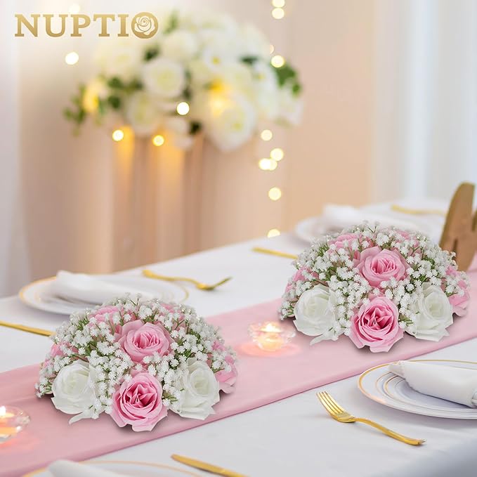 NUPTIO Baby Breath Flower Balls: 2 Pcs 8.6 inch Diameter Pink Artificial Rose Fake Arrangement Bouquet Wedding Centerpieces Event Party Tables Decorations
