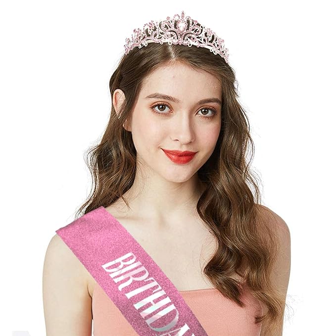CIEHER Princess Crown and Birthday Sash Set, Pink Tiara for Women, Birthday Decorations for Girls, Gifts