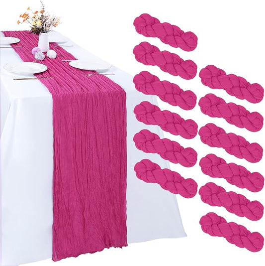 RestfulGlow12 Pack Hot Pink Cheesecloth Table Runner 10FT Boho Gauze Fabric Table Runner 35 x 120 Inch Rustic Sheer Runner for Centerpiece Wedding Decor Baby Shower Party Table Decoration