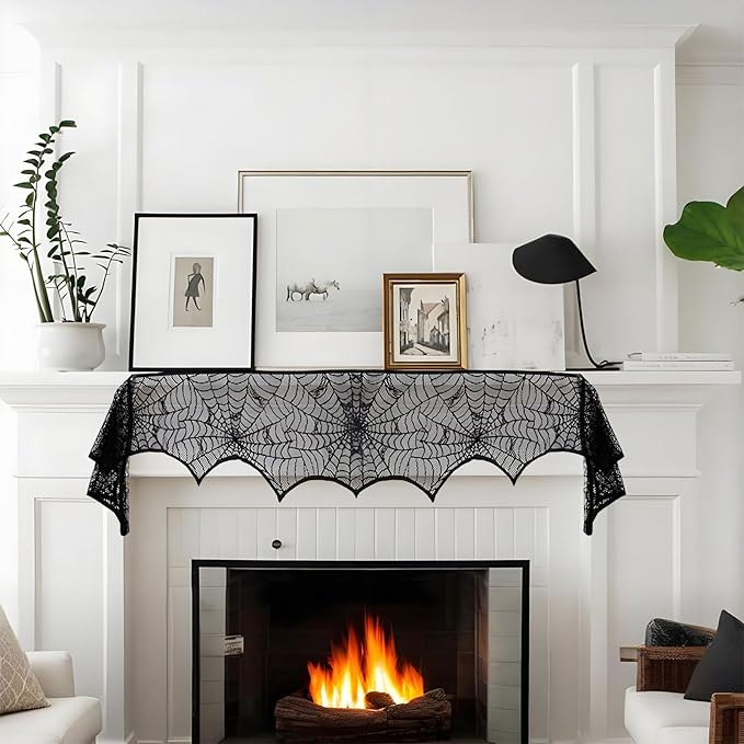 Halloween Mantle Scarf - 96x18.1 inch Spider Web Fireplace Decor - Spider Web Mantel Scarf for Cobwebs Halloween Decorations - Halloweens Indoor Decorations