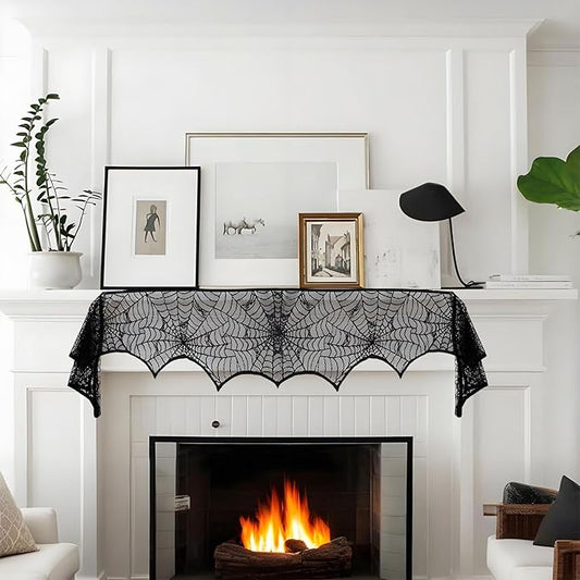 Halloween Mantle Scarf - 96x18.1 inch Spider Web Fireplace Decor - Spider Web Mantel Scarf for Cobwebs Halloween Decorations - Halloweens Indoor Decorations