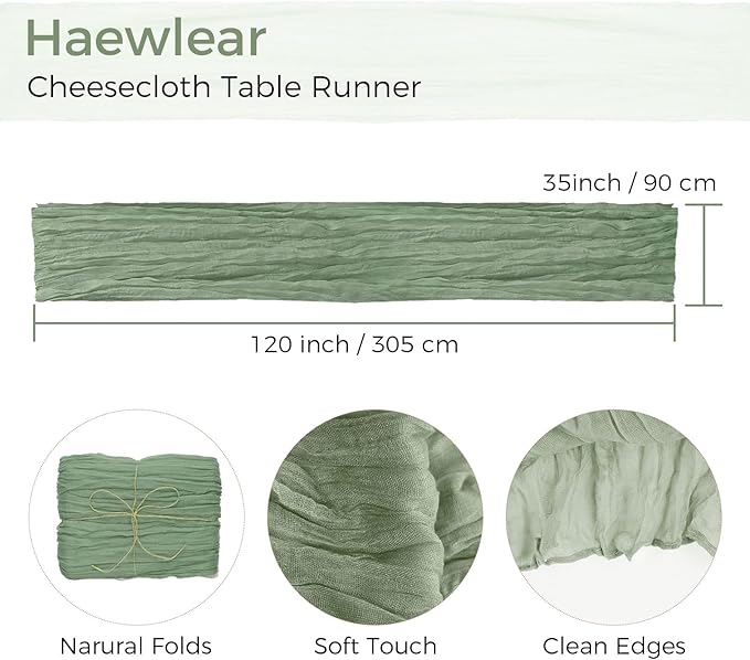 6 Pack Cheesecloth Table Runner 10Ft Boho Gauze Long Rustic Sheer for Wedding, Bridal Baby Shower, Birthday Party, Cake Table, Arbor Decorations (Sage Green)