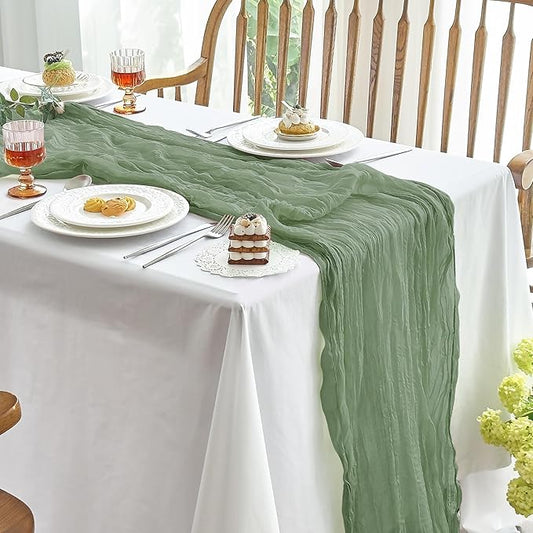 IVAPUPU 1 Pcs Cheesecloth Table Runner - 10ft Sage Green Boho Gauze Cheese Cloth Table Runners for Baby Shower Decoration Wedding Party Summer Garden Farmhouse