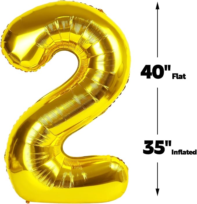 Big 40 Inch Gold 2 Number Balloon Birthday Decoration, Number 2 Helium Balloons 12 20 22 23 24 26 28 32 42 Celebration, Boy Girl Baby Anniversary Party Graduations Supplies