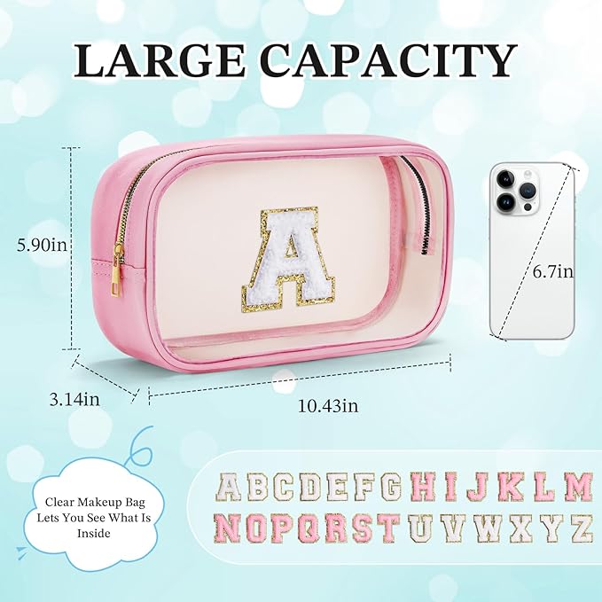 YOOLIFE Initial Travel Makeup Bag Pouch, Clear Toiletry Bag for Women Travel Accessories Cosmetic Bag Skin Care for Teen Make Up Bags Birthday Gifts for Women Unique Teacher Mom Friends Gifts Pink R