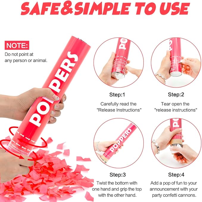 Confetti Cannon 12 Pack Red Biodegradable 12 Inch Party Popper Shooters Bulk for Baby Shower, Wedding, Birthday, Graduation, Party Celebrations