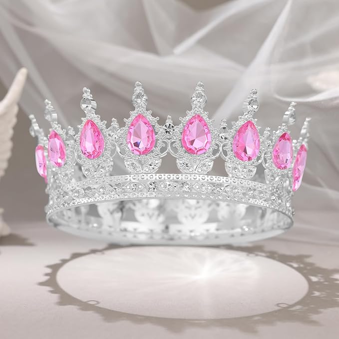 Pink Crown for Women Crystal Tiara and Queen Crown for Girl Wedding Headband for Bride Hair Accessories for Costume Birthday Party Cake Decoration Prom
