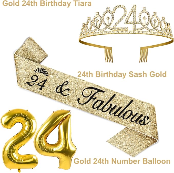24th Birthday Decorations for Women Gold with 24th Birthday Sash and Tiara, Cake Topper and Candles, Number Balloons Gold, 24 Year Old Gifts for Women