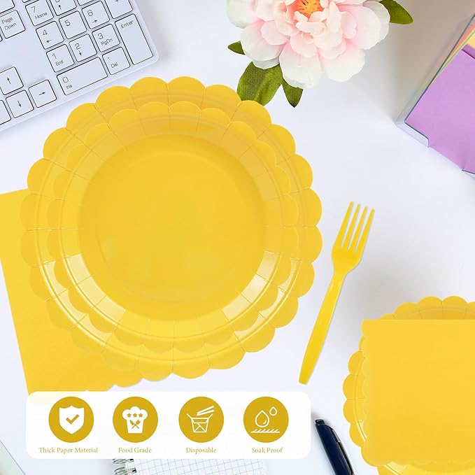 96PCS Yellow Paper Plates and Napkins, 24 Guest Light Yellow Disposable Tableware Set Include Scalloped Paper Plates Napkins and Forks Decoration Party Supplies for Birthday Wedding Baby Shower