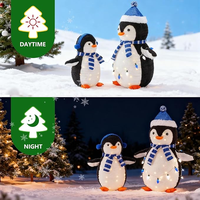 DUMOS 2-Piece Lighted Penguin Family Outdoor Christmas Decoration, Pop up Holiday Decor with 150 LED Lights for Yard, Garden, Storefront, Blue
