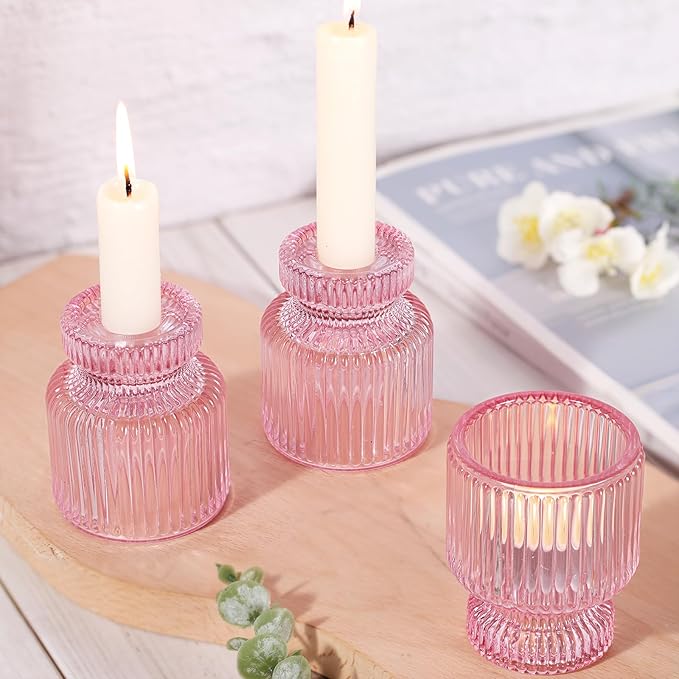 DARJEN 6 Pcs Pink Candlestick Holders - Glass Taper Candle Holders Tealight Votive Candle Holders for Table Centerpieces, Wedding, Dinner Party, Home, Gifts