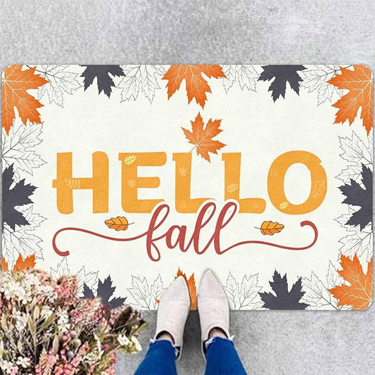 InterestPrint Thanksgiving Door Mat Hello Door Mat Fall Doormat, Fall Maple Leafs Doormat for Indoor Outdoor Entrance Floor Mats Non Slip Autumn Harvest Vintage Thanksiving Decor Rubber Welcome Mats