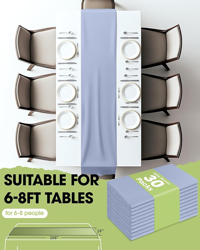 Pureegg Dusty Blue Plastic Table Runners - 30 Pack, 14'' x 108'', Water Resistant & Disposable Centerpiece Decorations for Table Cloth, Wedding, Birthday, Holiday, Baby Shower, Party, Home Decor